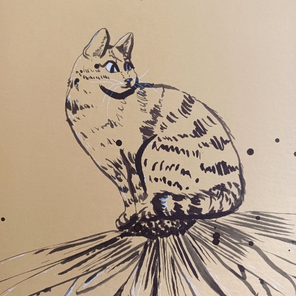 ORIGINAL ART Cat on Daisy by Maria Rivera. Ink Painting on 12x12" mat board - Picture 3 of 7